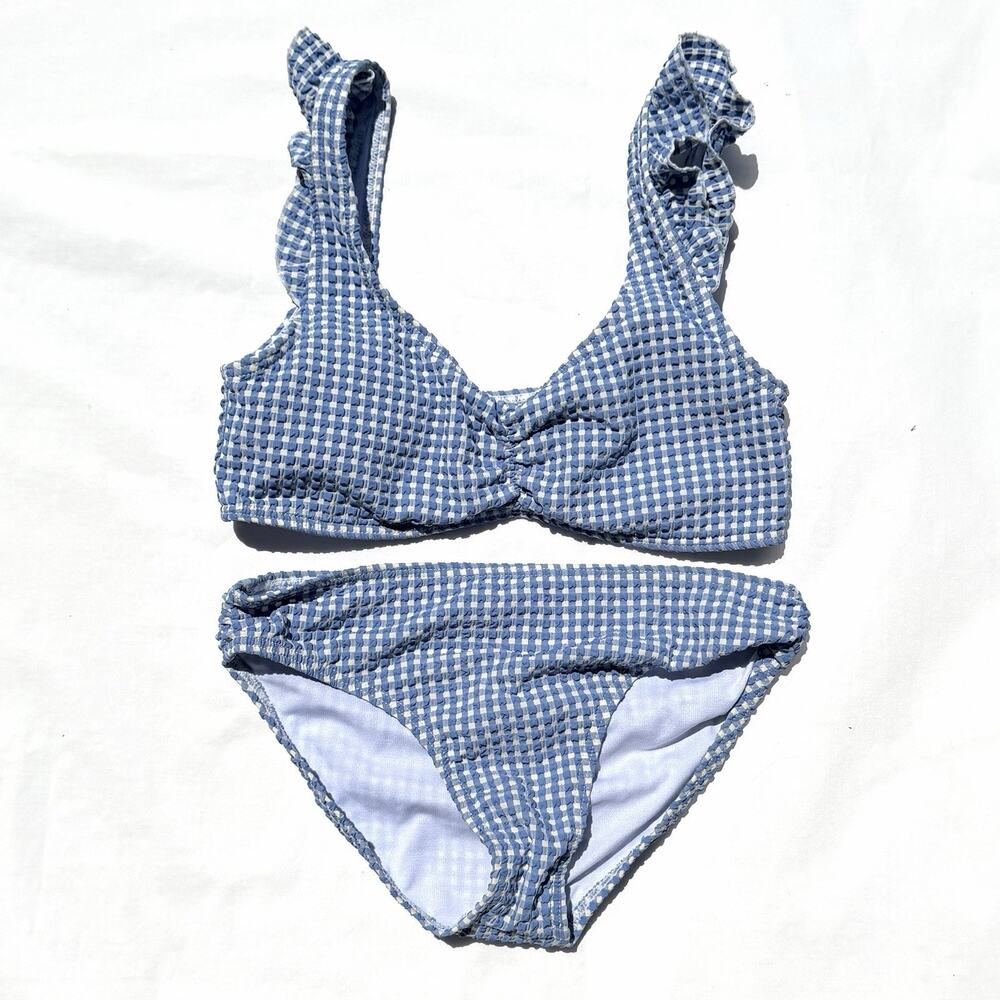 Roxy Girls Check Me Out Bikini Swimsuit Set 12 Blue Gingham Ruffle Straps